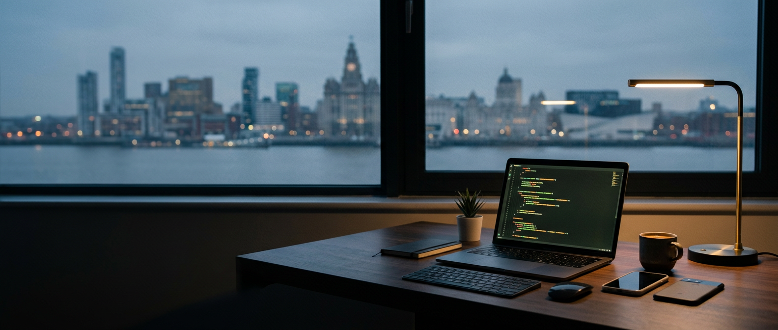A studio desk with a laptop at dusk